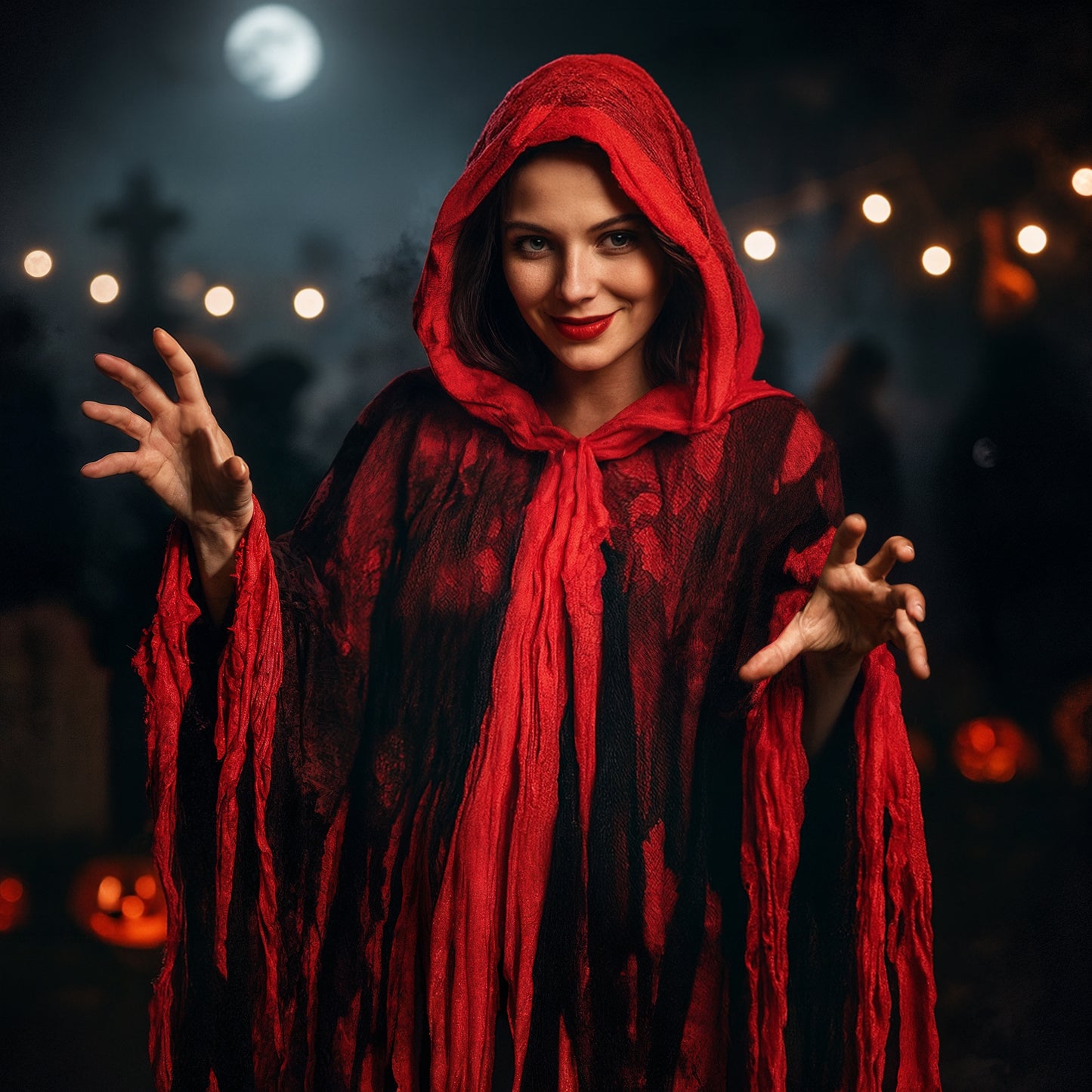 Red Women Adult Ghost Halloween Costume, Hooded Dark Spirit Cape Cloak, Spooky Masquerade Fantasy Cosplay Outfit, Horror Vampire Zombie Poncho Hood