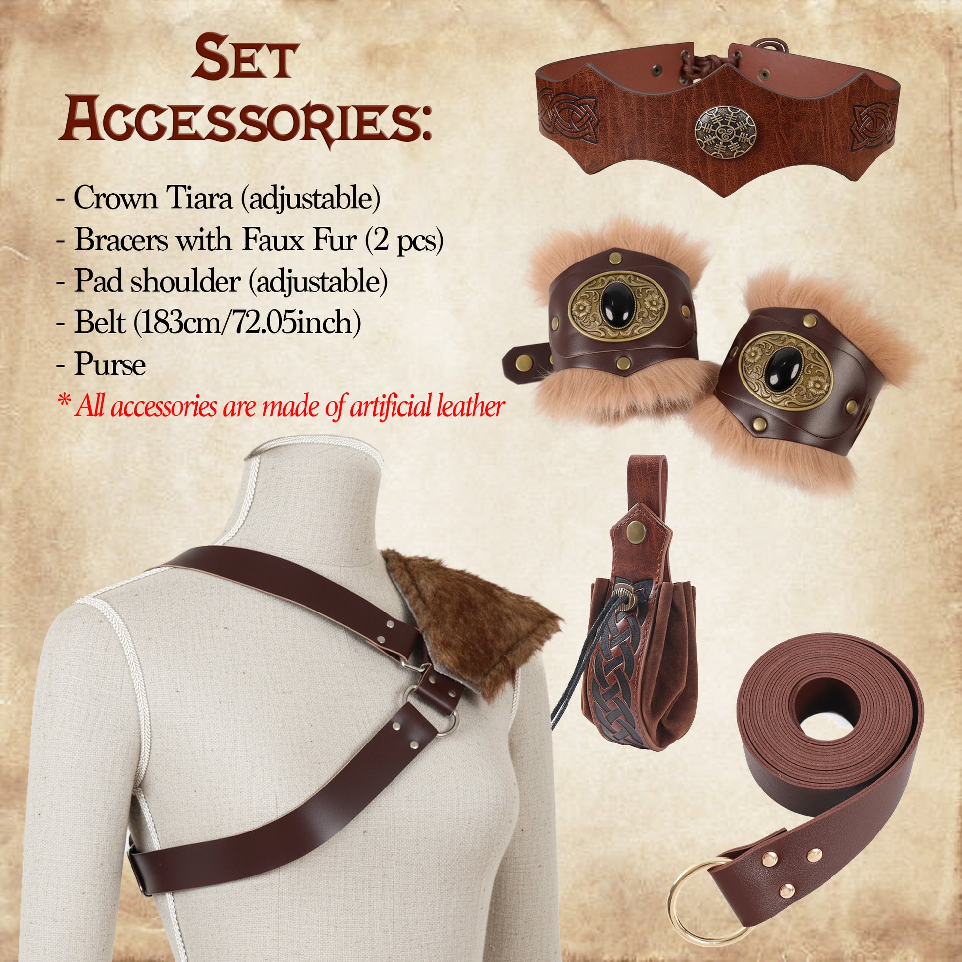 Medieval Viking Women Costume - Furry Faux Leather LARP Accessories: Corset, Bracers, Belt, Purse, Shoulder Pad, Celtic Crown Tiara