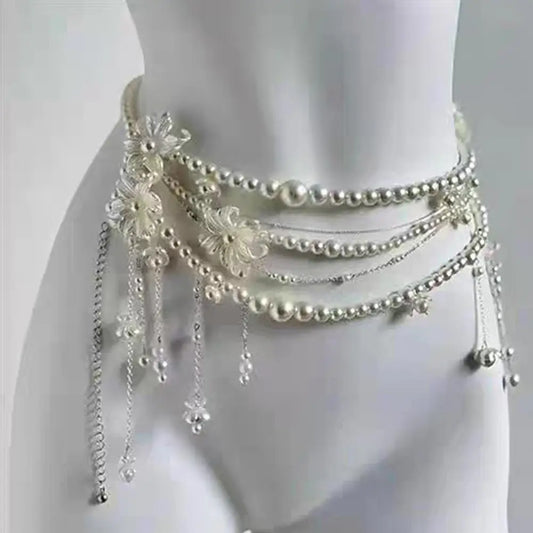Pearl Waist Chain for Elven Women Dress, Double Layer Beads Body Jewelry