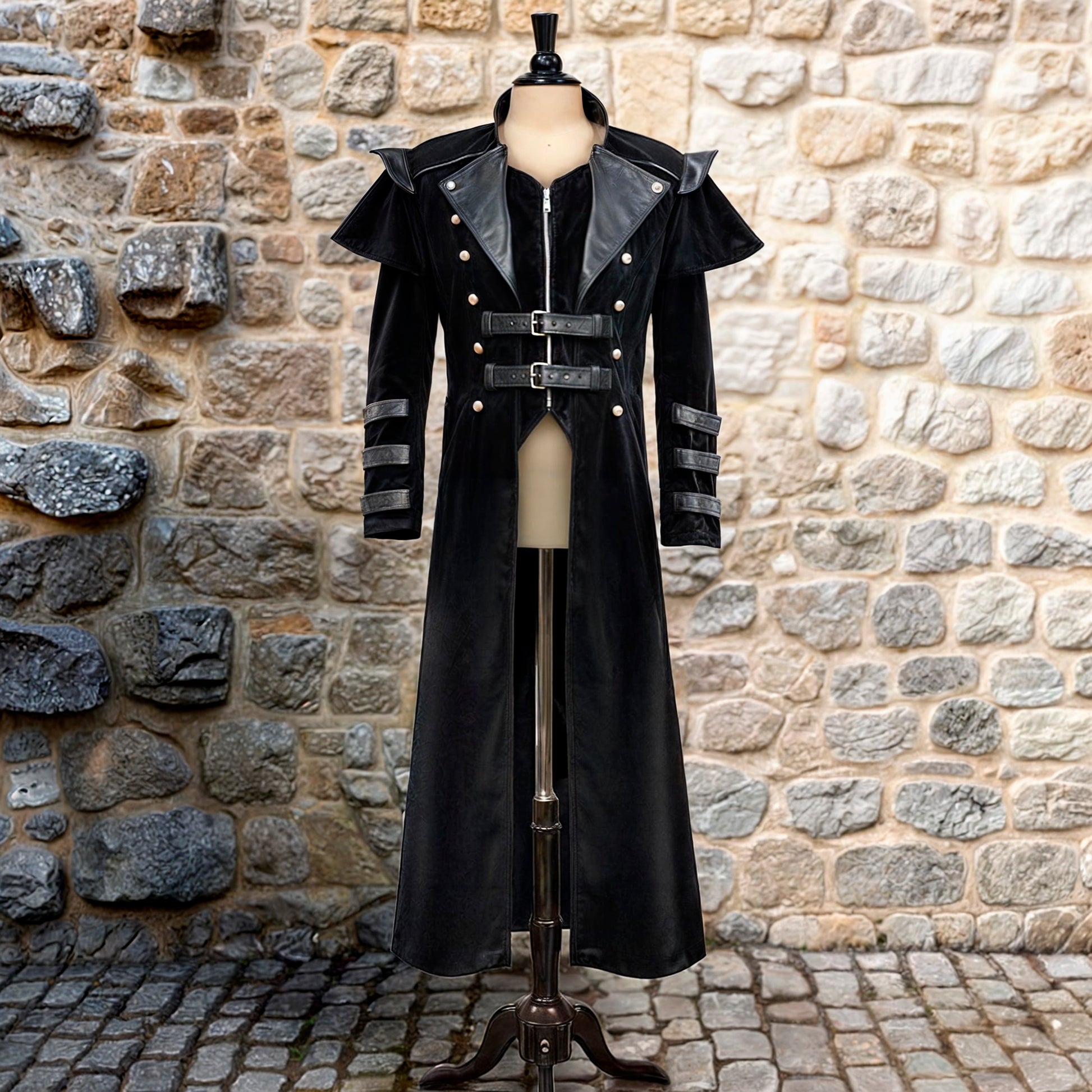 Black Gothic Vampire Coat – Steampunk Men Long Cosplay Trench Jacket, Dark Medieval Elves Halloween Costume, Assassin Cloak with Faux Leather