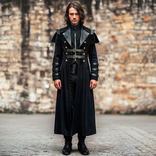 Black Gothic Vampire Coat – Steampunk Men Long Cosplay Trench Jacket, Dark Medieval Elves Halloween Costume, Assassin Cloak with Faux Leather