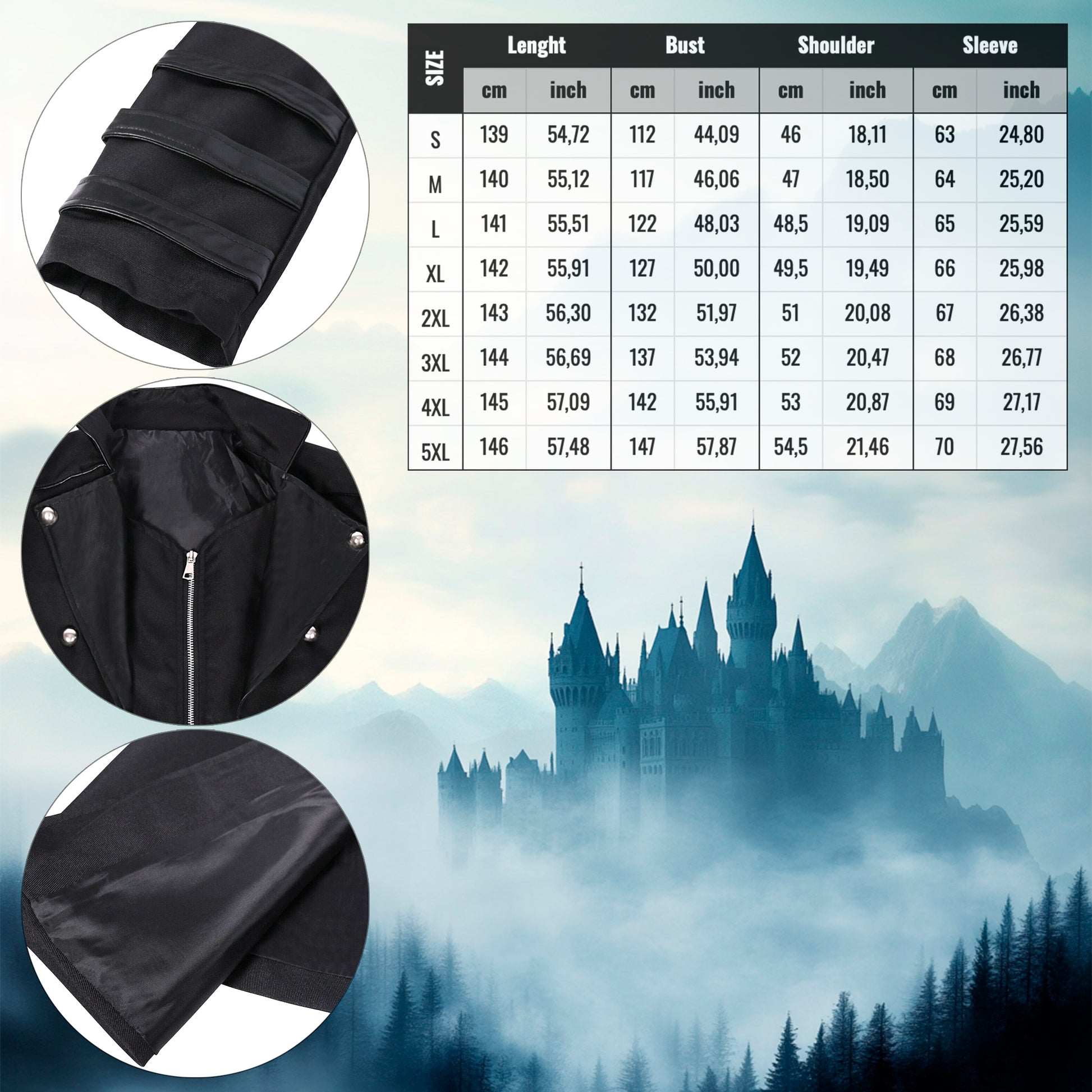 Black jacket with size chart and castle in fog background