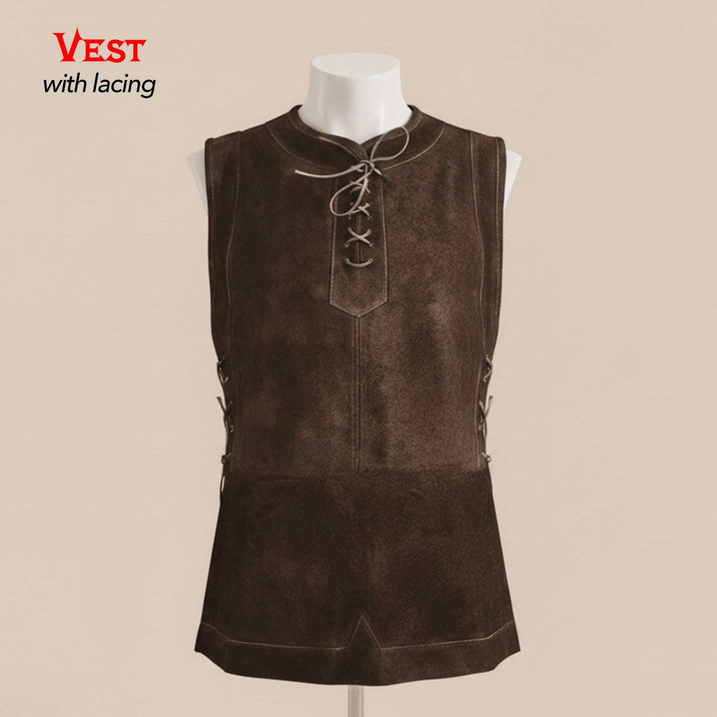 Brown viking warrior vest with lacing for Medieval Barbarian Costume. Renfaire LARP Cosplay Clothes