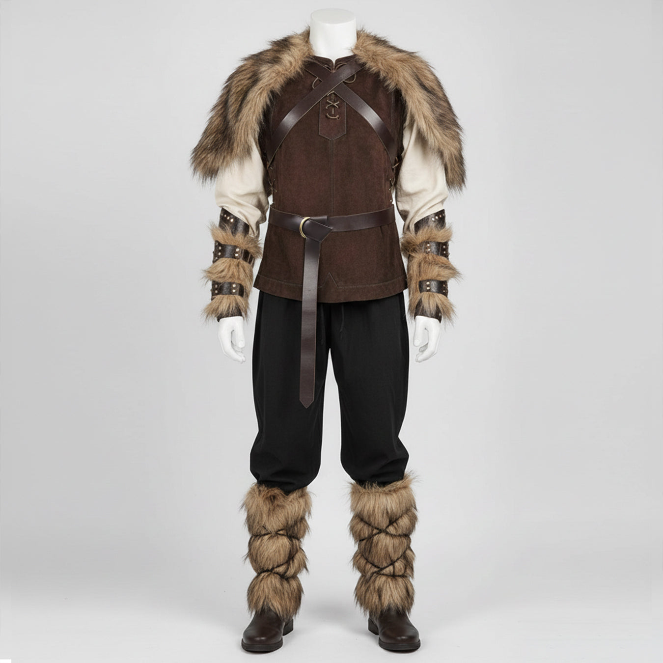 Medieval Barbarian Full Costume: Faux Fur Shoulder Mantle Cape, Bracers, Leg Warmer, Viking Vest, Shirt Tunic, Pants Trousers. Renfaire LARP