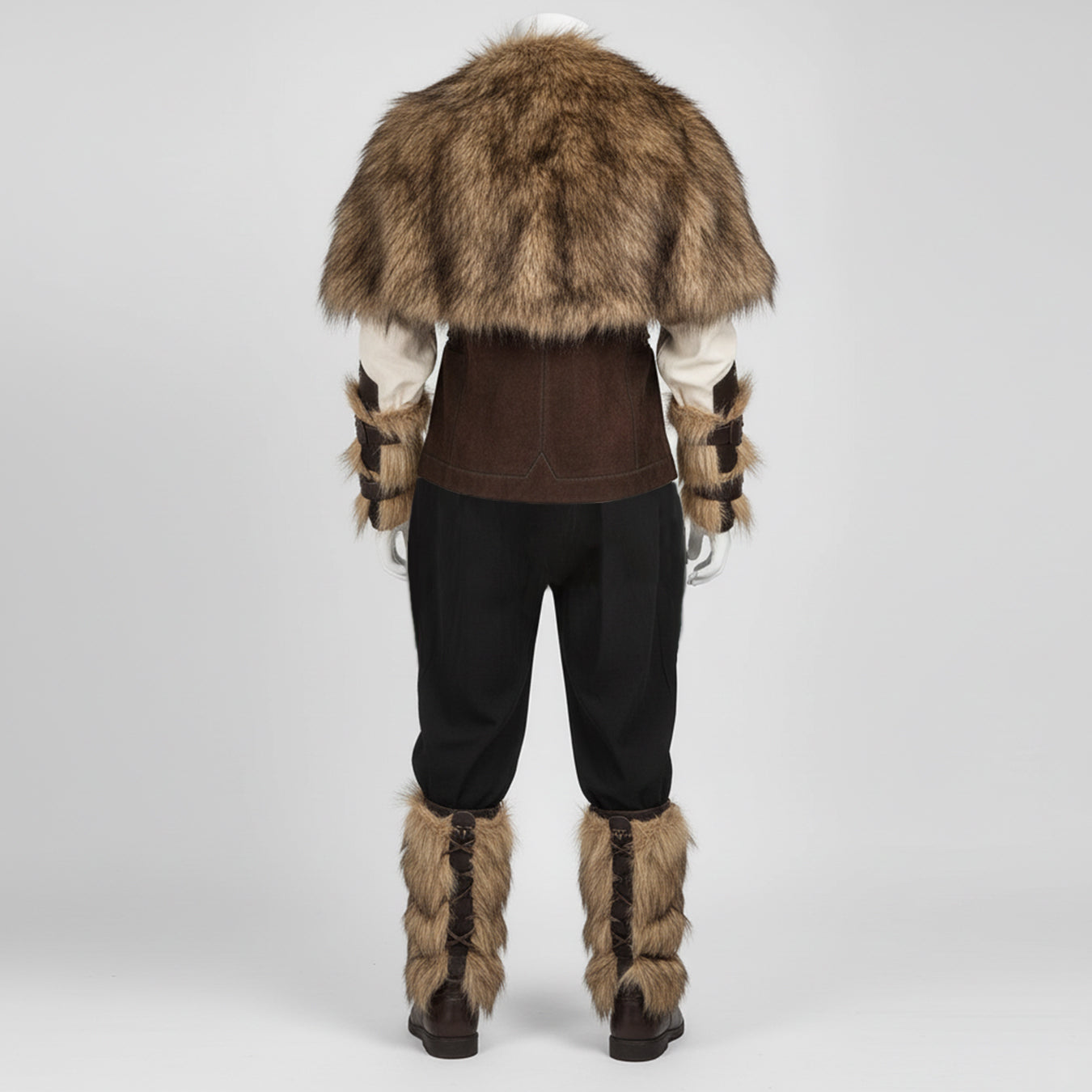 Medieval Barbarian Full Costume: Faux Fur Shoulder Mantle Cape, Bracers, Leg Warmer, Viking Vest, Shirt Tunic, Pants Trousers. Renfaire LARP
