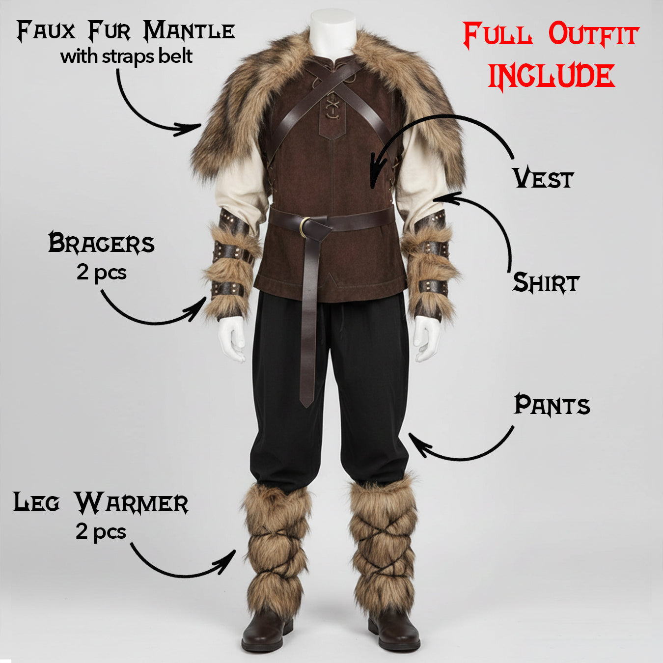 Medieval Barbarian Full Costume: Faux Fur Shoulder Mantle Cape, Bracers, Leg Warmer, Viking Vest, Shirt Tunic, Pants Trousers. Renfaire LARP