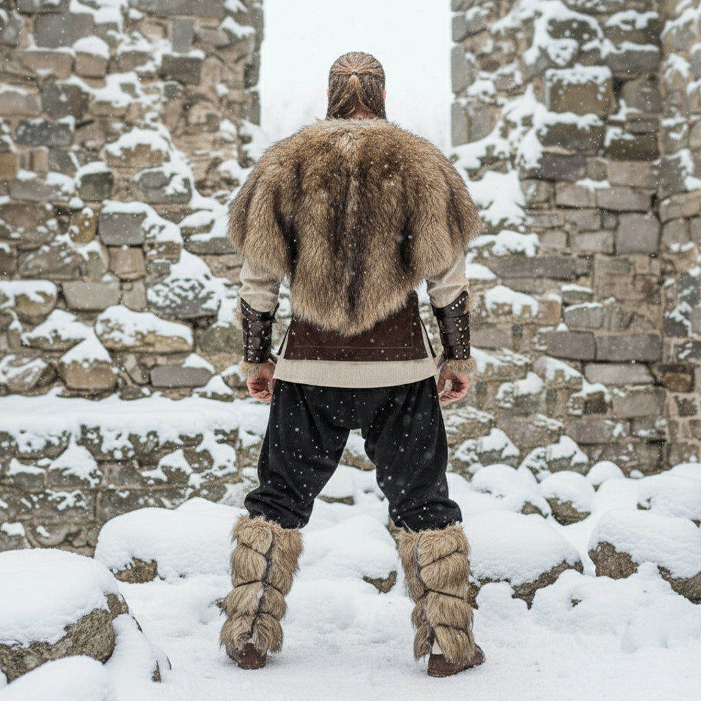 Medieval Barbarian Full Costume: Faux Fur Shoulder Mantle Cape, Bracers, Leg Warmer, Viking Vest, Shirt Tunic, Pants Trousers. Renfaire LARP
