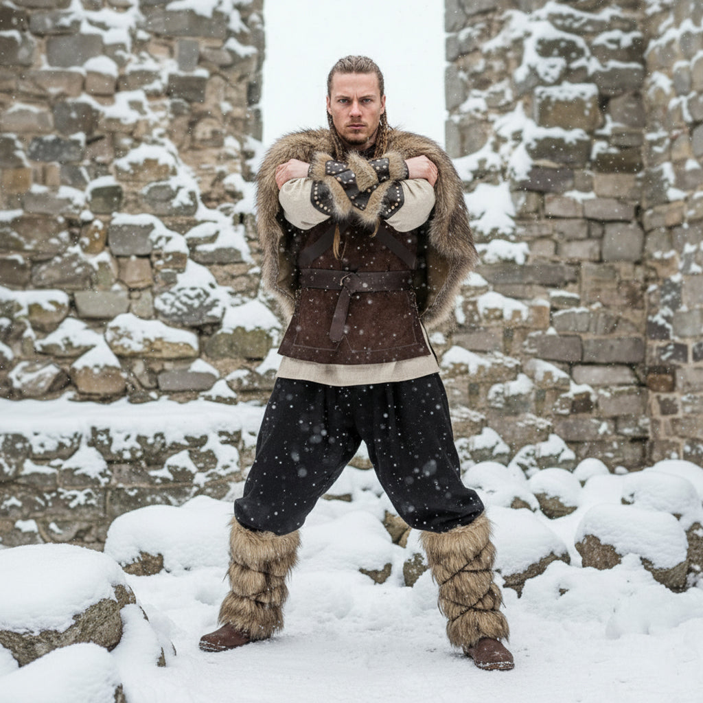 Medieval Barbarian Full Costume: Faux Fur Shoulder Mantle Cape, Bracers, Leg Warmer, Viking Vest, Shirt Tunic, Pants Trousers. Renfaire LARP