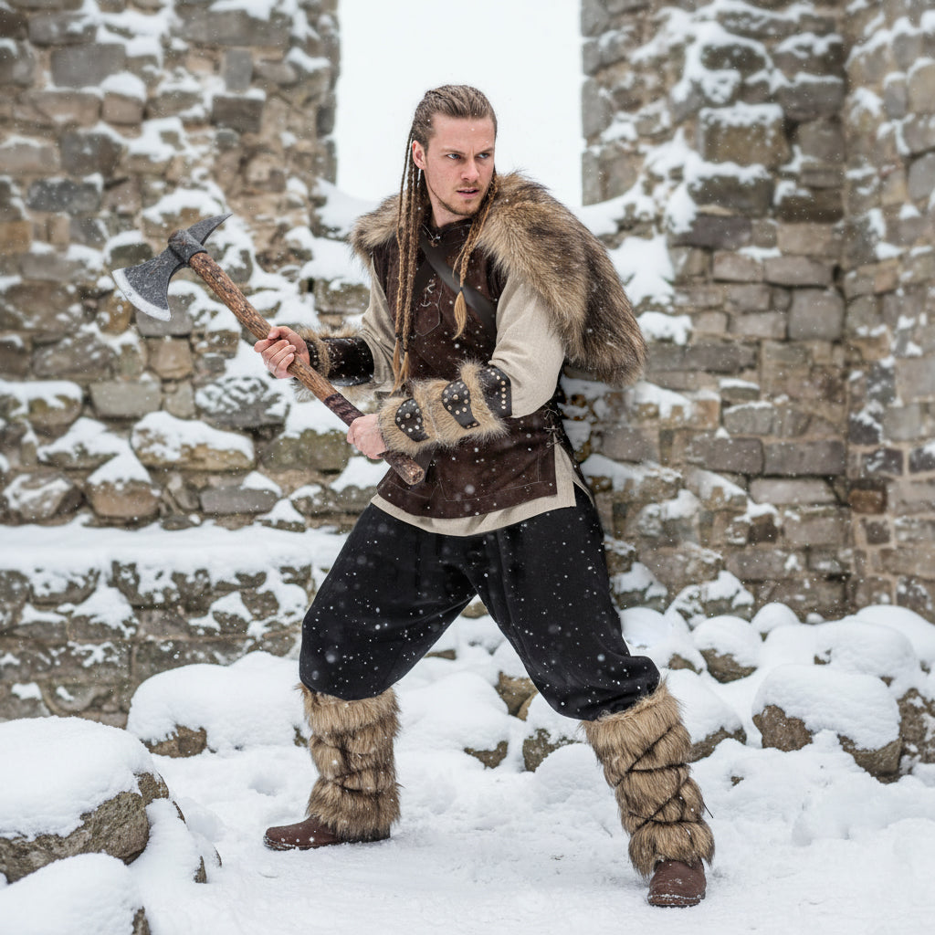 Medieval Barbarian Full Costume: Faux Fur Shoulder Mantle Cape, Bracers, Leg Warmer, Viking Vest, Shirt Tunic, Pants Trousers. Renfaire LARP