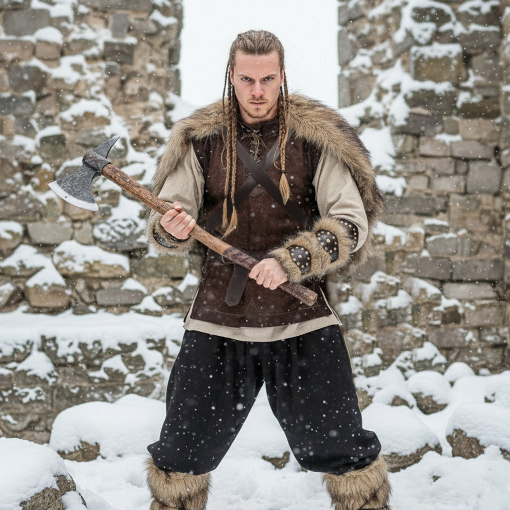 Medieval Barbarian Full Costume: Faux Fur Shoulder Mantle Cape, Bracers, Leg Warmer, Viking Vest, Shirt Tunic, Pants Trousers. Renfaire LARP