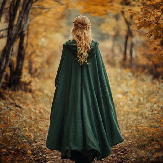 Medieval Cloak, Linen Hooded Cape, Women Green Ranger Cosplay Costume, LARP Accessories, Unisex Renaissance Cloak with Hood, Halloween Elven Outfit