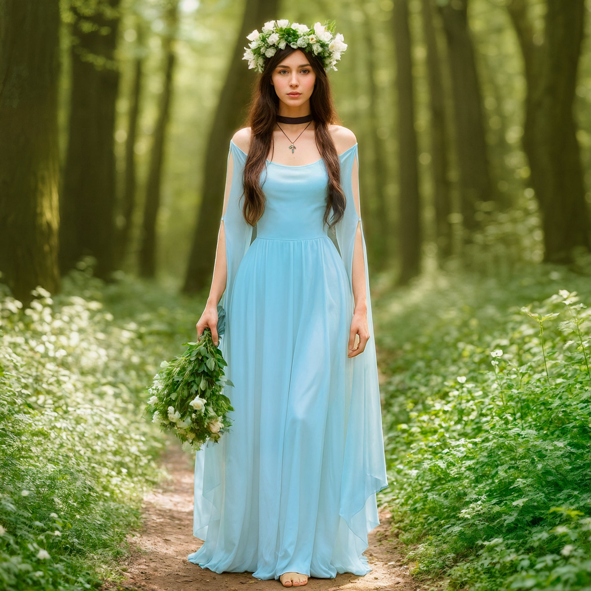 Sky Blue Medieval Fantasy Elven Dress & Pearl Belt, Renfaire Cosplay Elf Outfit, Women Halloween Costume, Fairytale LARP White Long Tulle Fairy Gown
