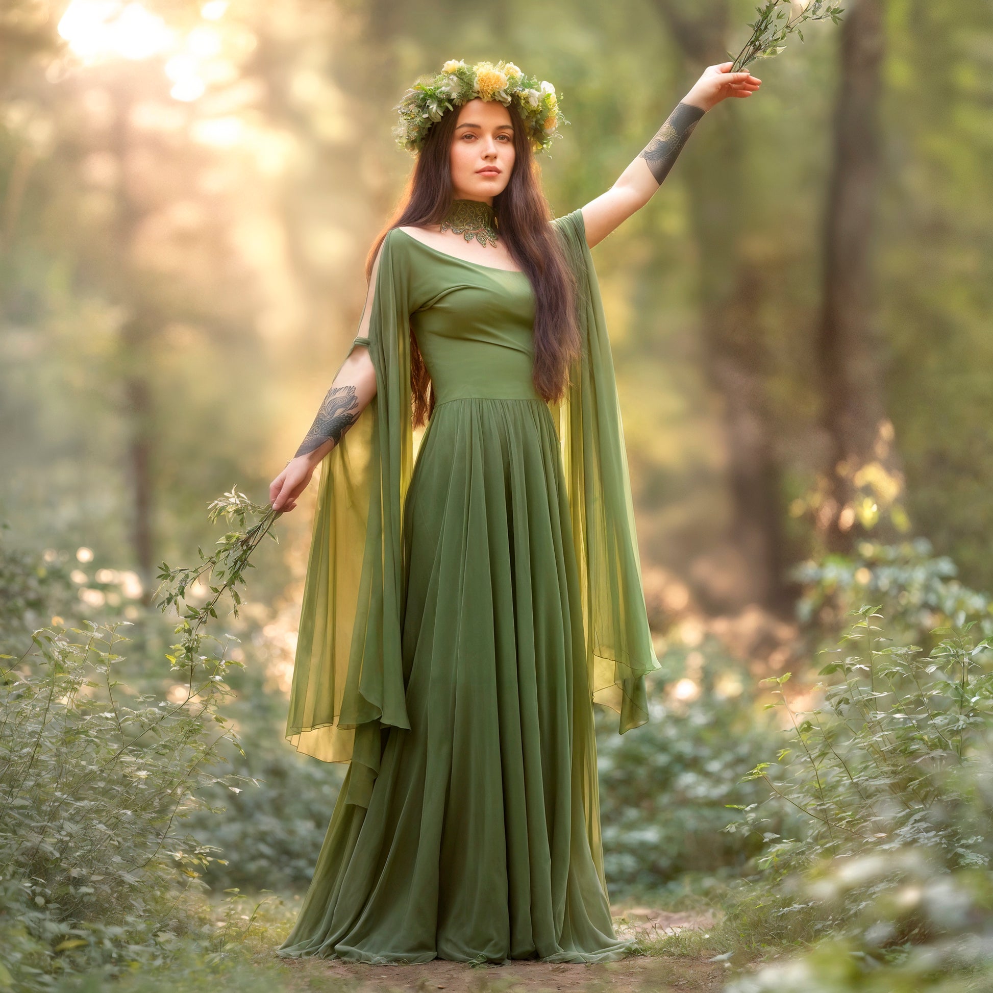 Forest green Medieval Fantasy Elven Dress & Pearl Belt, Renfaire Cosplay Elf Outfit, Women Halloween Costume, Fairytale LARP White Long Tulle Fairy Gown