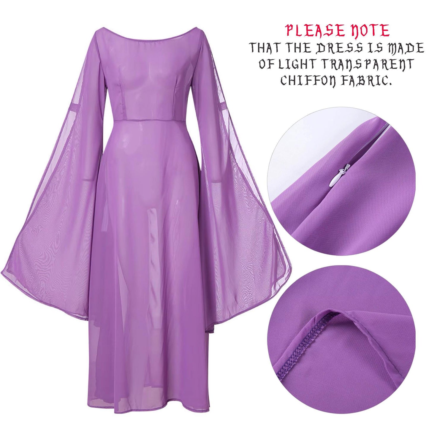 Elven Long Dress with Flared Sleeve of Transparent Purple Chiffon, Forest Fairy Cosplay LARP Costume, Pixie Fantasy Outfit, Medieval Renfaire