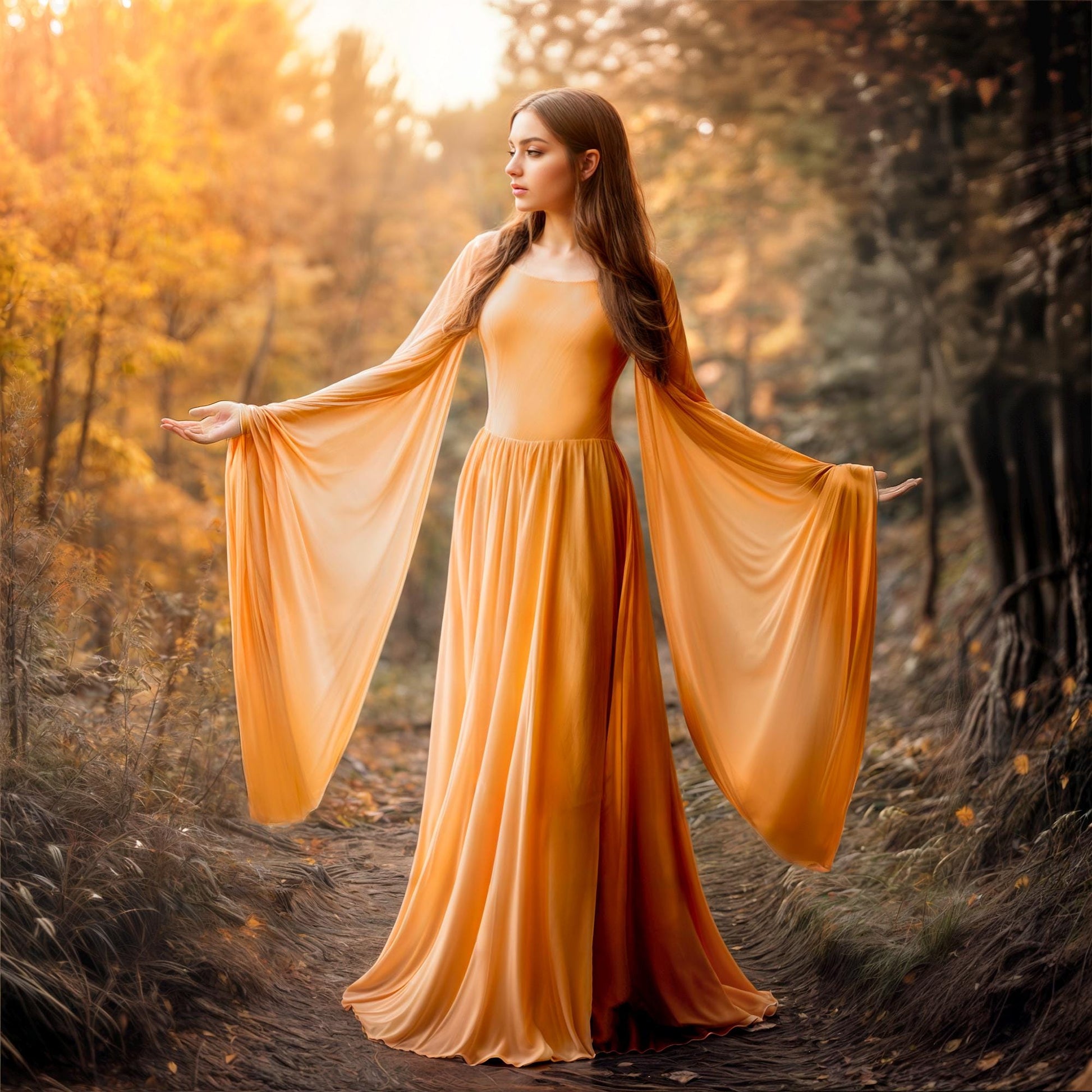 Elven Long Dress with Flared Sleeve of Transparent Orange Chiffon, Forest Fairy Cosplay LARP Costume, Pixie Fantasy Outfit, Medieval Renfaire