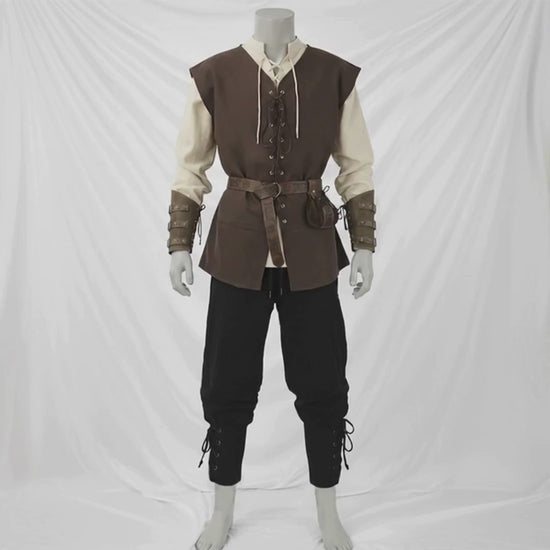 Medieval Viking Warrior Clothes Set 7pcs: Lace-Up Shirt Tunic, Pants Trousers, Vest, Utility Belt & Knight Bracers, LARP Renaissance Costume