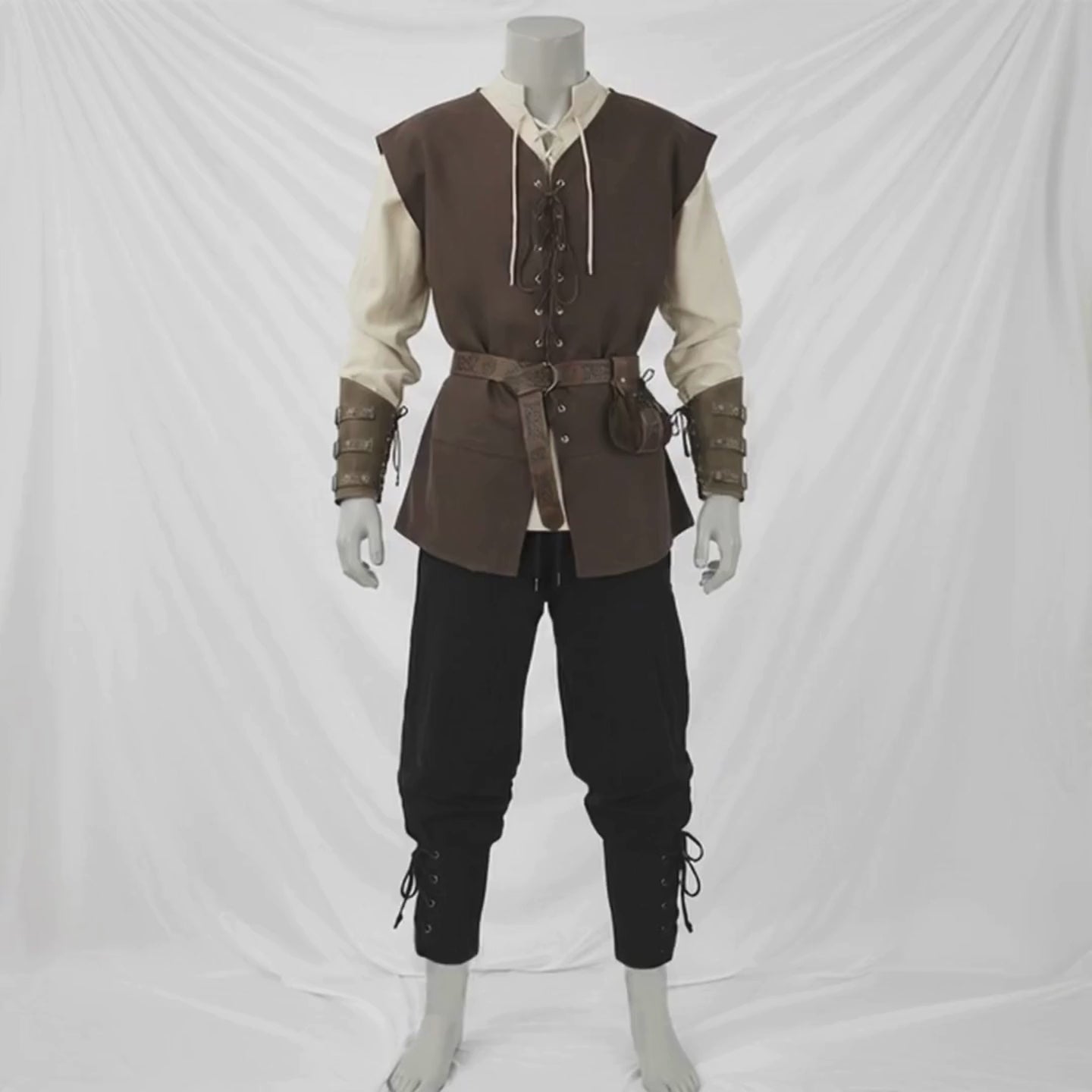 Medieval Viking Warrior Clothes Set 7pcs: Lace-Up Shirt Tunic, Pants Trousers, Vest, Utility Belt & Knight Bracers, LARP Renaissance Costume