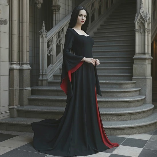 Black & Red Marticia Addams Dress, Gothic Witch Dress: Crimson Bat Flared Sleeve, Long Floor Train, Women Halloween Costume 2025 in Medieval Vampire Style