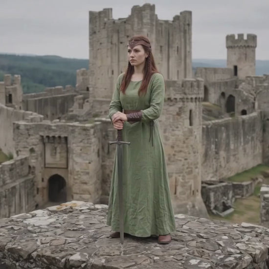Medieval Renfaire Elven Viking Women Costume for LOTR Cosplay: Forest Green Dress & Faux Leather LARP Accessories