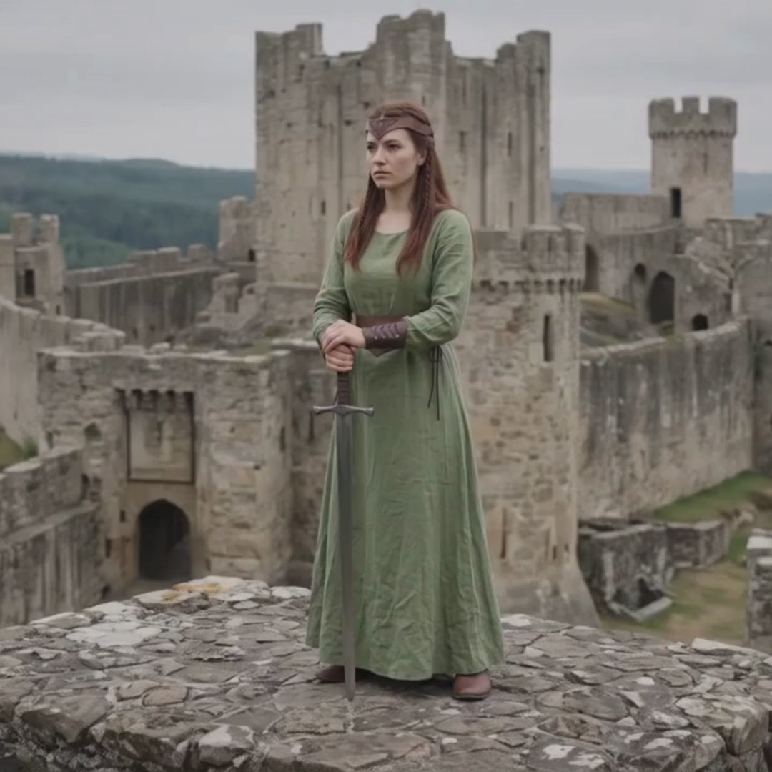 Medieval Renfaire Elven Viking Women Costume for LOTR Cosplay: Forest Green Dress & Faux Leather LARP Accessories