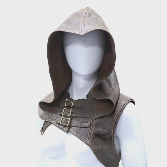 Medieval Ranger Hood, Vegetal Leather Cowl for LARP Cosplay Costume, Assassin Rogue Hoodie, Unisex Hooded Cape, Dune Steampunk Shadow Outfit