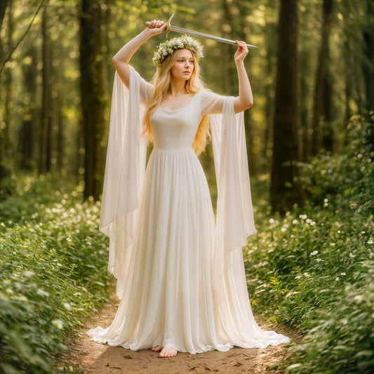 Medieval Fantasy Elven Dress & Pearl Belt, Renfaire Cosplay Elf Outfit, Women Halloween Costume, Fairytale LARP White Long Tulle Fairy Gown